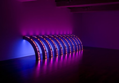 Jenny Holzer, Ribs, 2010. Eleven LED signs with blue, red and white diodes, text: US government documents, 58 1/4 x 5 1/4 x 5 3/4 inches each. Courtesy of the artist and Cheim & Read, New York. © 2010 Jenny Holzer, member Artists Rights Society (ARS), New York. Photo: Richard-Max Tremblay.