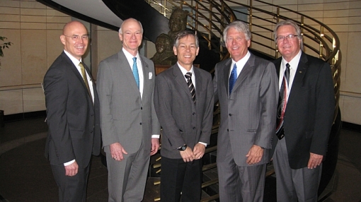 Speakers at the April 3, 2015, Arizona Forward event included (L to R) State Bar CEO John Phelps; ABA President William Hubbard; Arizona Chief Justice Scott Bales; State Bar Governor Jeff Willis; and State Bar President Richard Platt.